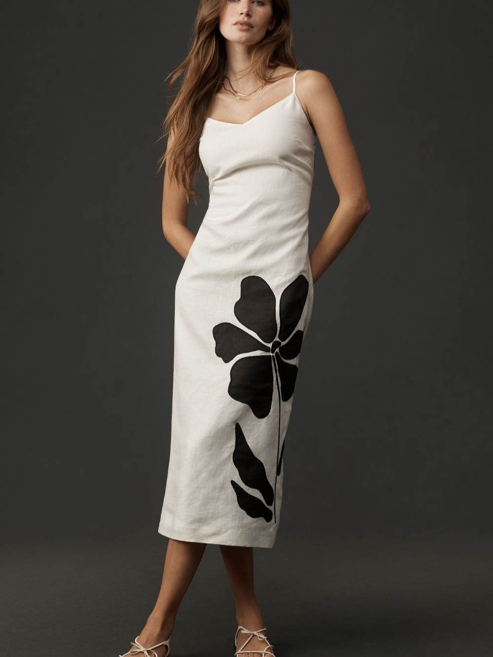 Exquise Cannon Spaghetti Strap Linen Midi Dress White Black Floral XXS NWT NEW